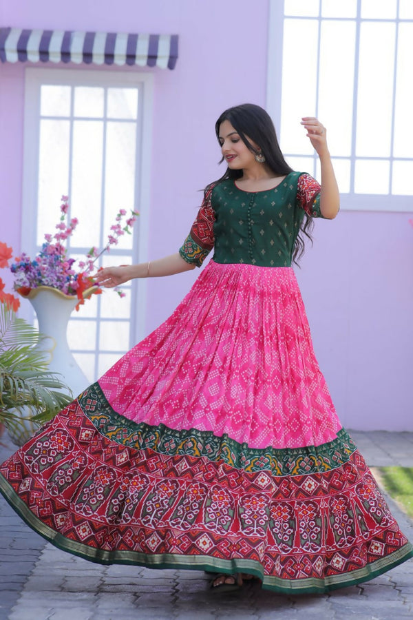 Jyoti Fashion Women's Pink Patola with Foil Print Dola Silk Anarkali Dress - Distacart