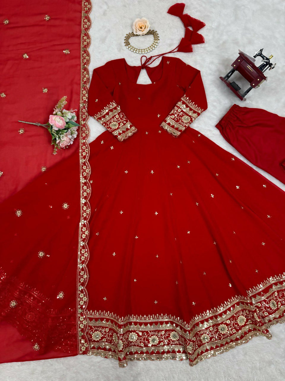 The52 Women's Beautiful Faux Georgette Fabric Embroidery Work Flared Anarkali Pant and Dupatta Set - Distacart
