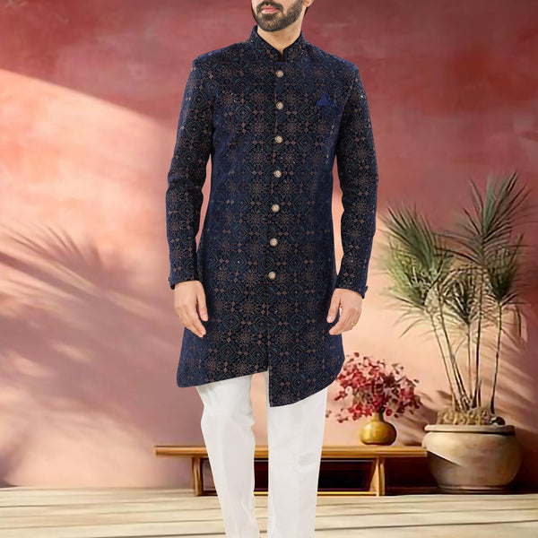 Joban Fashion Men's Blue Base Straight Velvet Thread And Sequence Embroidary All Over Indo-Western Kurta Set - Distacart