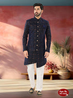 Thumbnail for Joban Fashion Men's Blue Base Straight Velvet Thread And Sequence Embroidary All Over Indo-Western Kurta Set - Distacart
