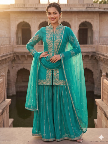 Teeya Creation Womens New Trendy Silk With Heavy Embroiedery With Sequence Work Kurta Set - Dista