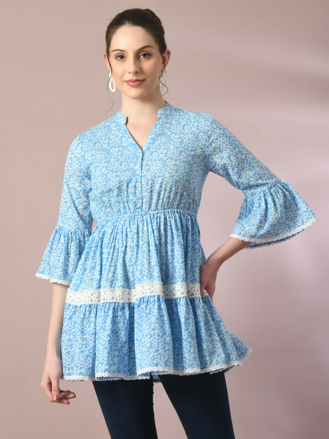 Myshka Women's Blue Embellished Cotton Gathered Party Empire Top - Distacart