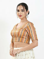 Thumbnail for Joban Fashion Peach Multi Brocade Padded Blouse With V Neck Elbow Sleeves - Distacart