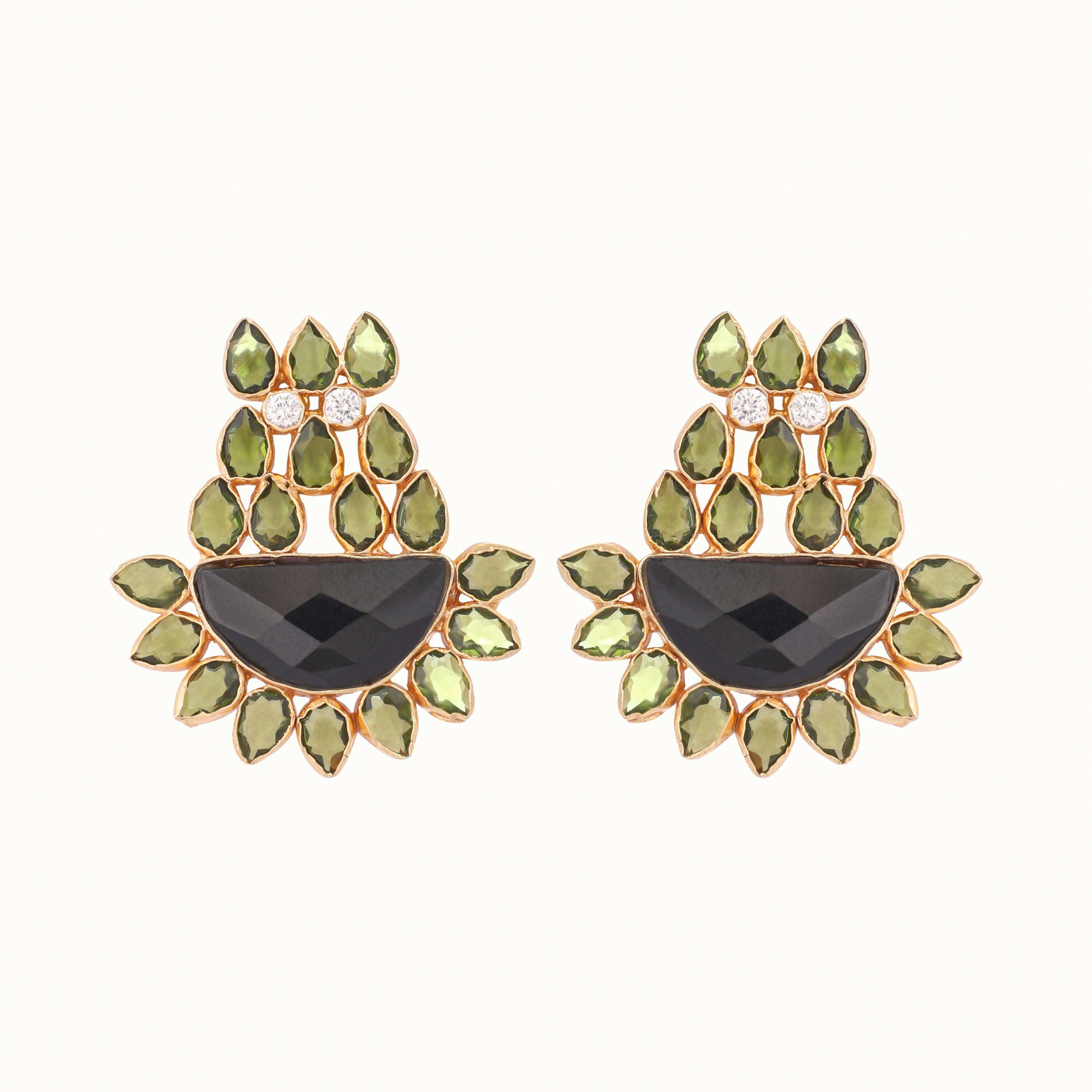 Nuyug 22K Gold Plated Dark Crystal Studded Contemporary Floral Shaped Stud Earrings