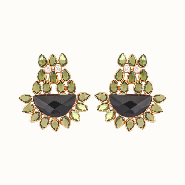 Nuyug 22K Gold Plated Dark Crystal Studded Contemporary Floral Shaped Stud Earrings