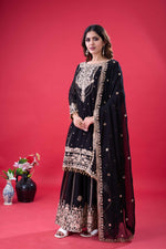 Thumbnail for Prazu Fashion Black Georgette Embroidered Rivet Moti Work Palazzo Suit