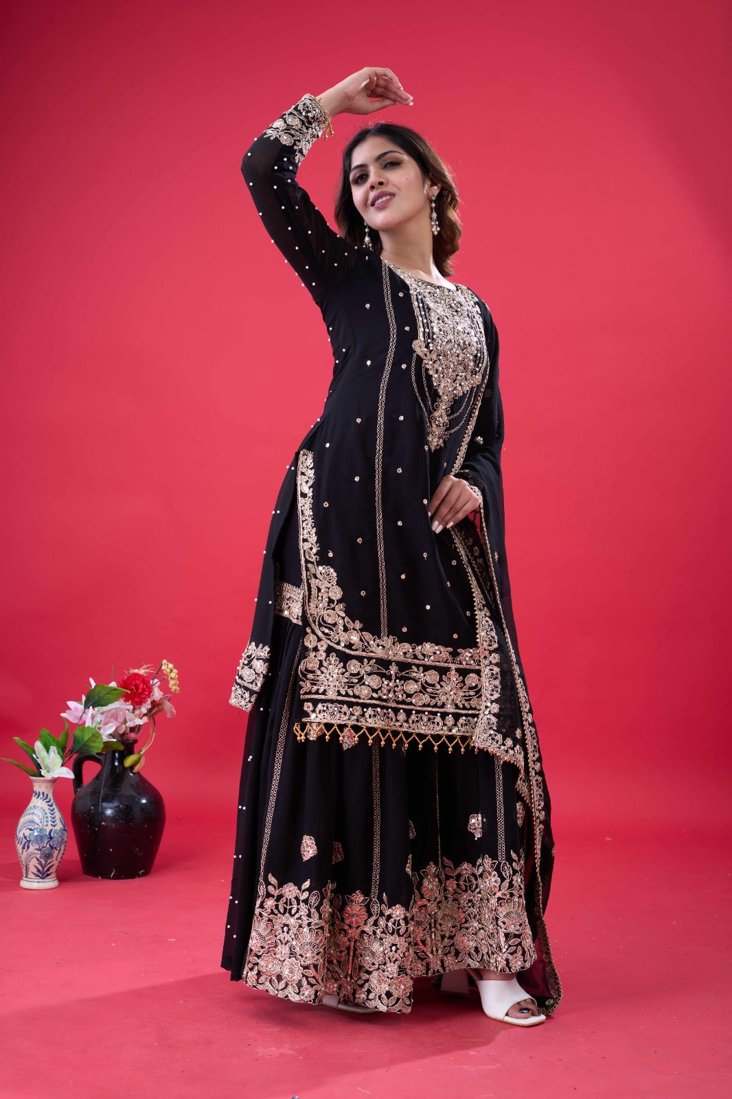 Prazu Fashion Black Georgette Embroidered Rivet Moti Work Palazzo Suit - Distacart