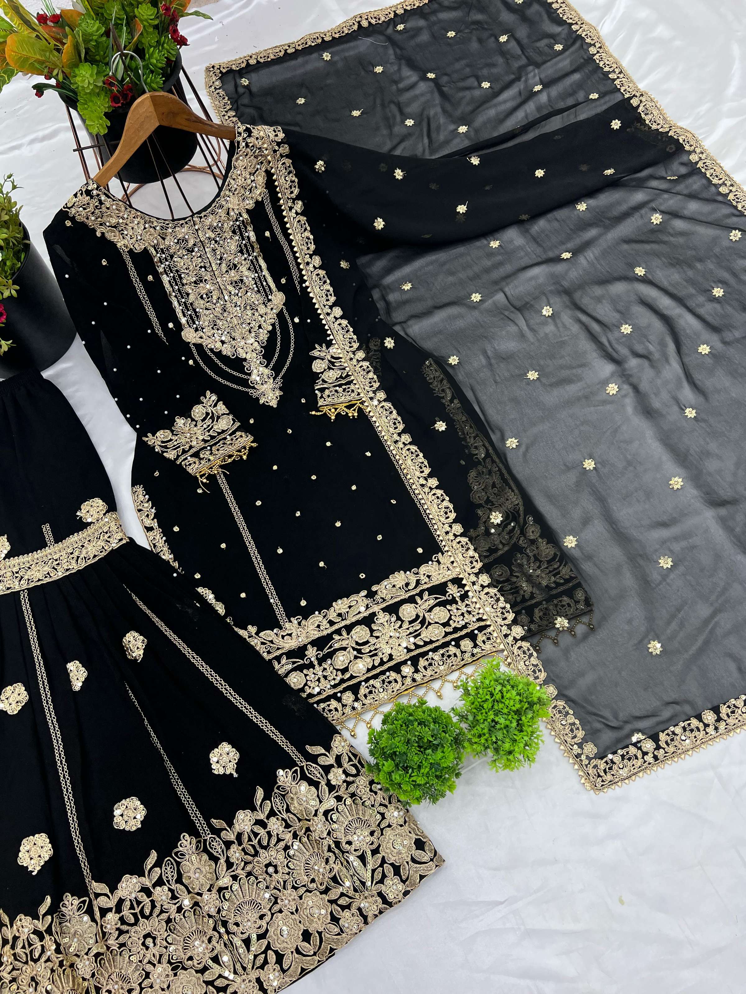 Prazu Fashion Black Georgette Embroidered Rivet Moti Work Palazzo Suit