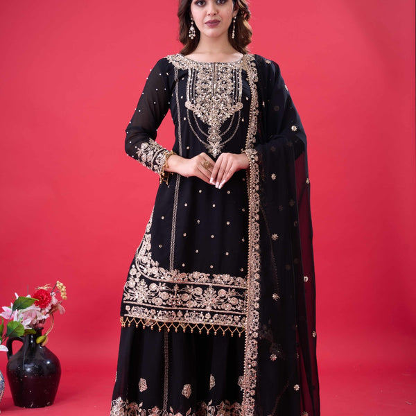 Prazu Fashion Black Georgette Embroidered Rivet Moti Work Palazzo Suit