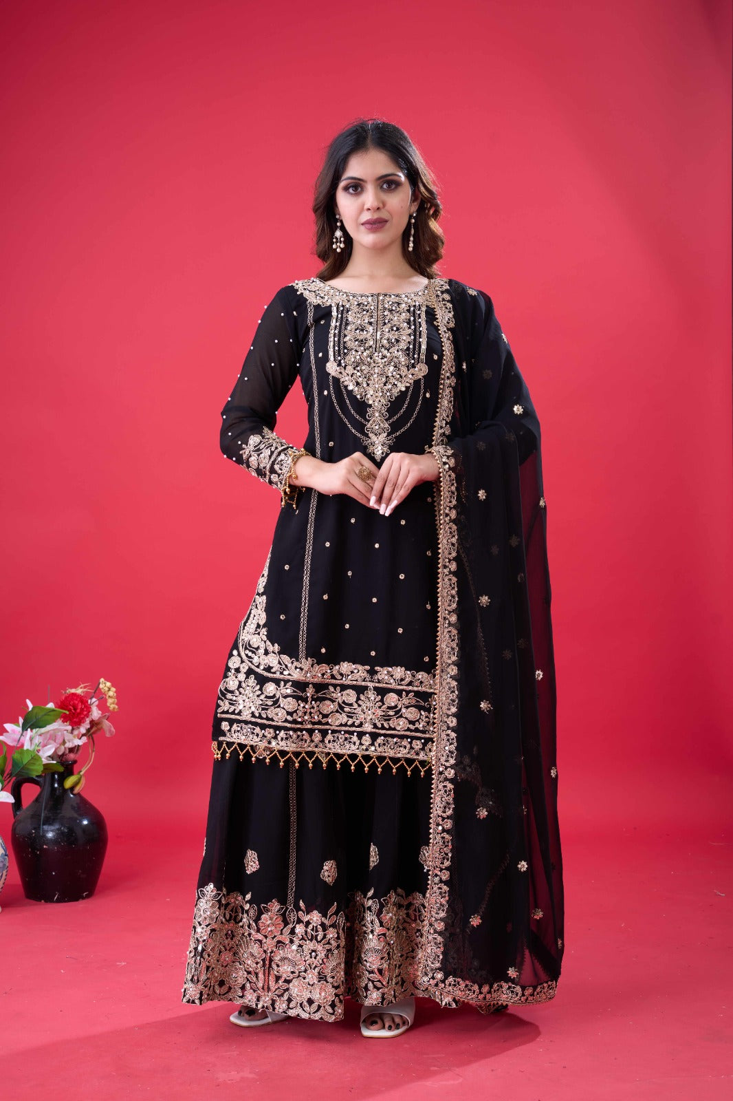 Prazu Fashion Black Georgette Embroidered Rivet Moti Work Palazzo Suit - Distacart