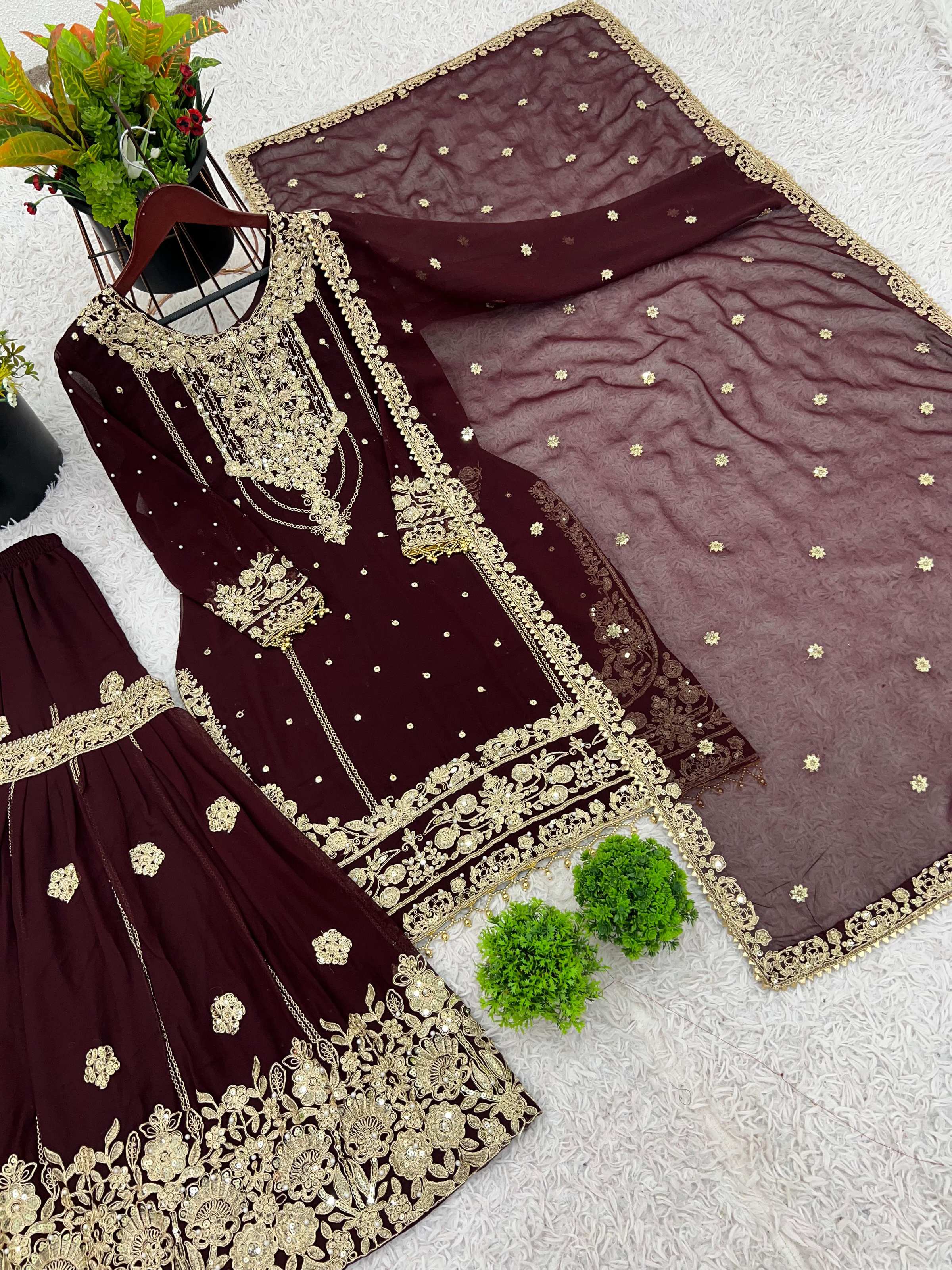 Prazu Fashion Coffee Georgette Embroidered Rivet Moti Work Palazzo Suit