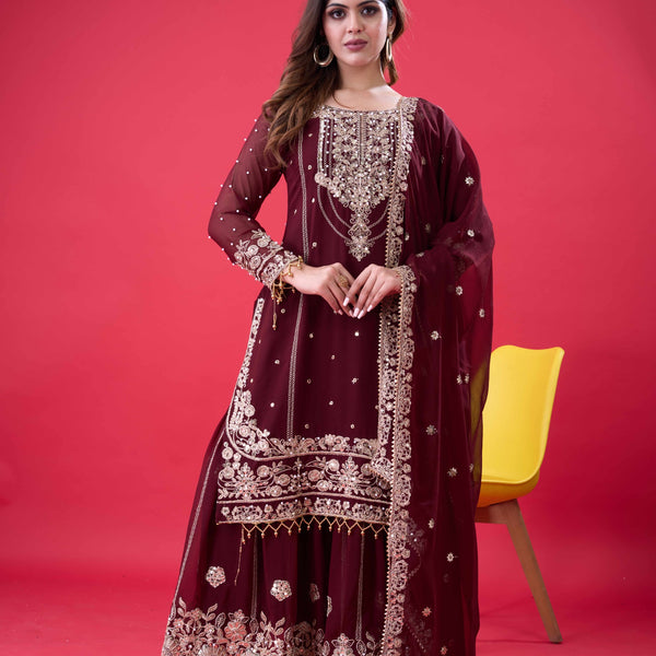 Prazu Fashion Coffee Georgette Embroidered Rivet Moti Work Palazzo Suit