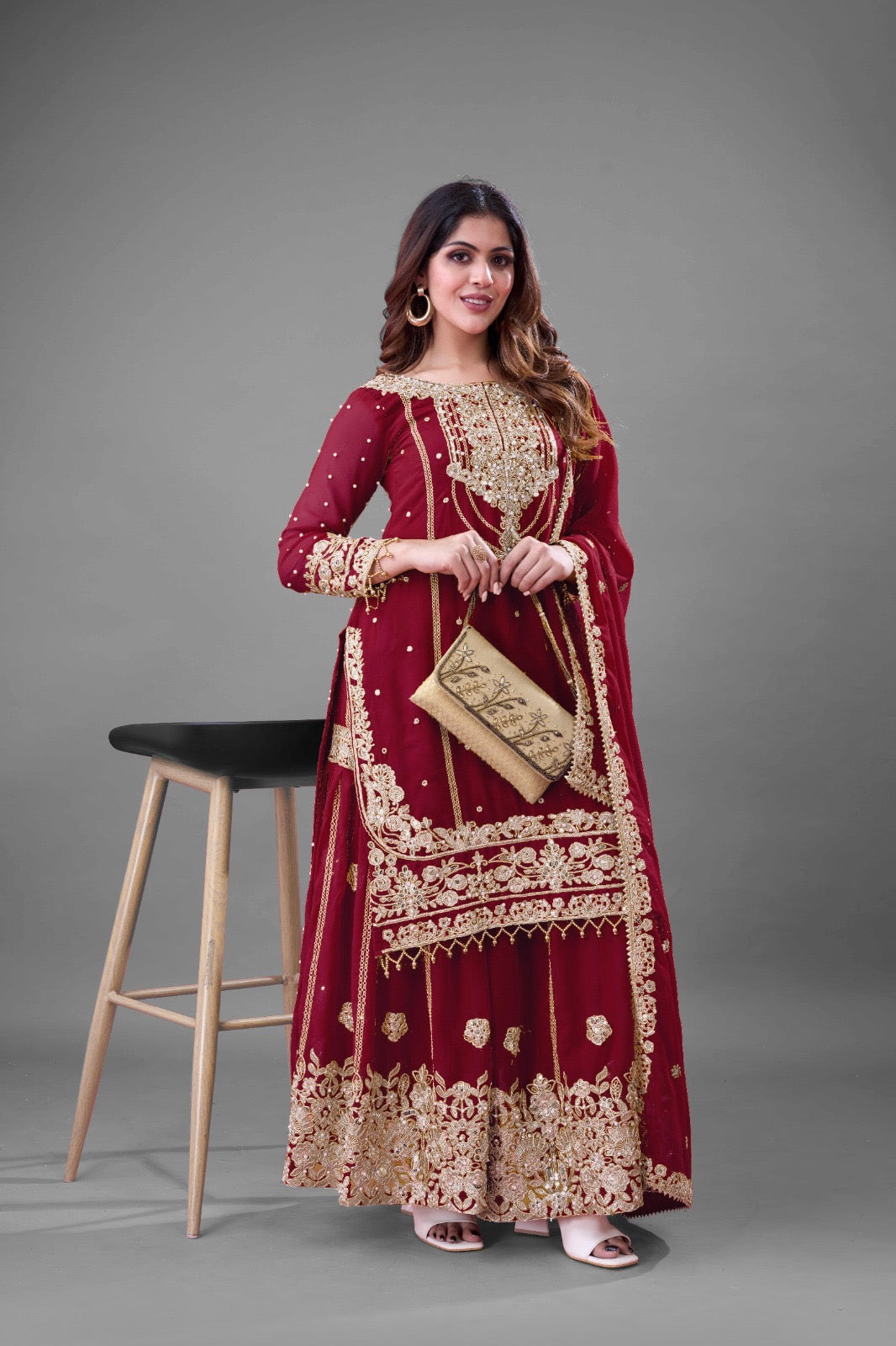 Prazu Fashion Maroon Georgette Embroidered Rivet Moti Work Palazzo Suit