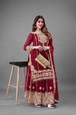 Thumbnail for Prazu Fashion Maroon Georgette Embroidered Rivet Moti Work Palazzo Suit