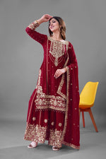 Thumbnail for Prazu Fashion Maroon Georgette Embroidered Rivet Moti Work Palazzo Suit