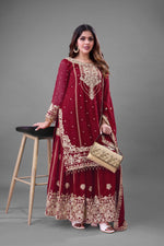 Thumbnail for Prazu Fashion Maroon Georgette Embroidered Rivet Moti Work Palazzo Suit