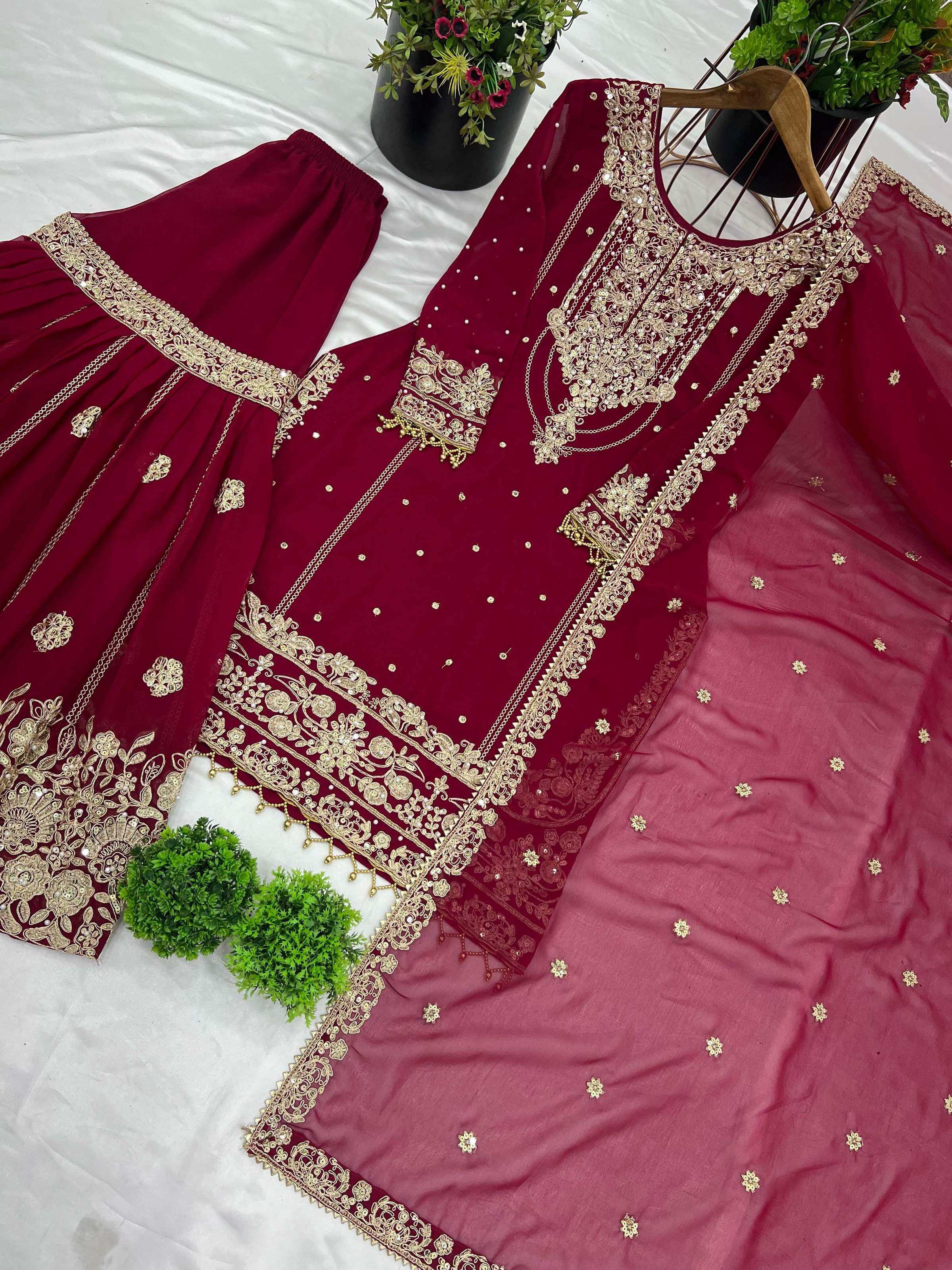 Prazu Fashion Maroon Georgette Embroidered Rivet Moti Work Palazzo Suit