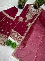 Thumbnail for Prazu Fashion Maroon Georgette Embroidered Rivet Moti Work Palazzo Suit