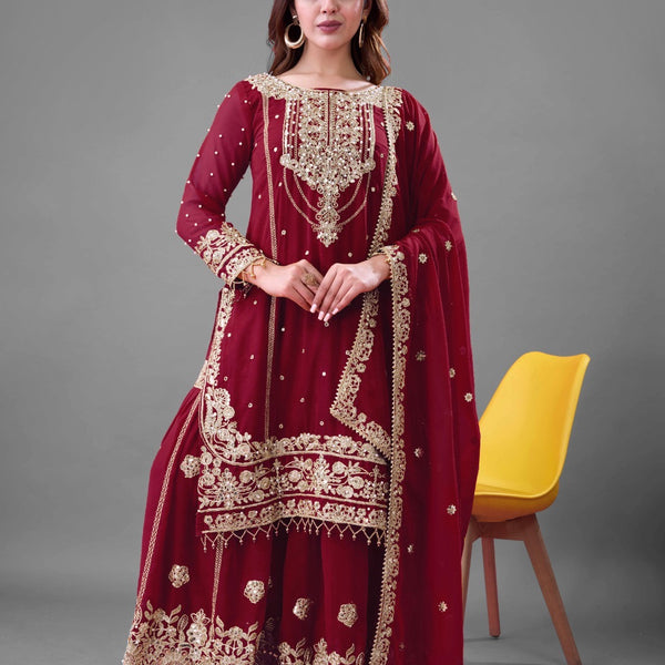 Prazu Fashion Maroon Georgette Embroidered Rivet Moti Work Palazzo Suit