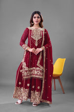 Thumbnail for Prazu Fashion Maroon Georgette Embroidered Rivet Moti Work Palazzo Suit