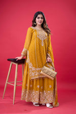 Thumbnail for Prazu Fashion Yellow Georgette Embroidered Rivet Moti Work Palazzo Suit