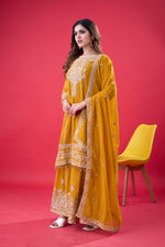 Thumbnail for Prazu Fashion Yellow Georgette Embroidered Rivet Moti Work Palazzo Suit