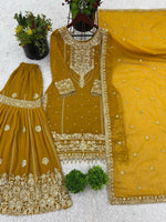 Thumbnail for Prazu Fashion Yellow Georgette Embroidered Rivet Moti Work Palazzo Suit