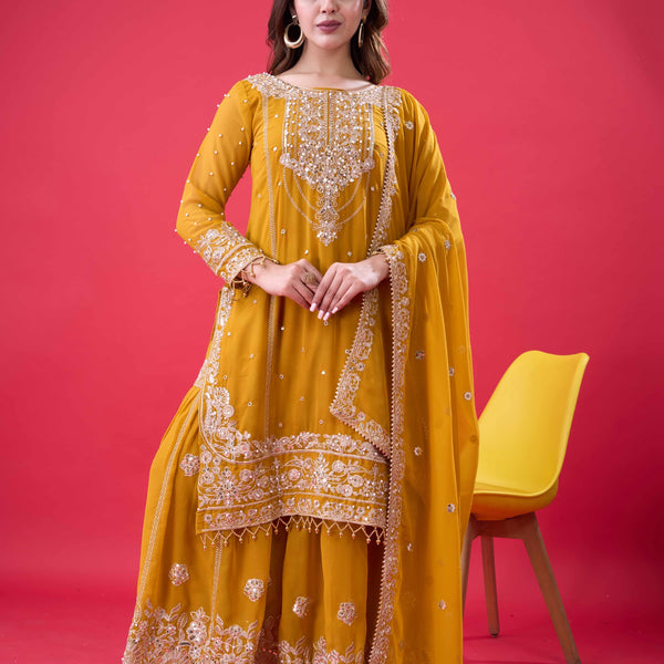 Prazu Fashion Yellow Georgette Embroidered Rivet Moti Work Palazzo Suit