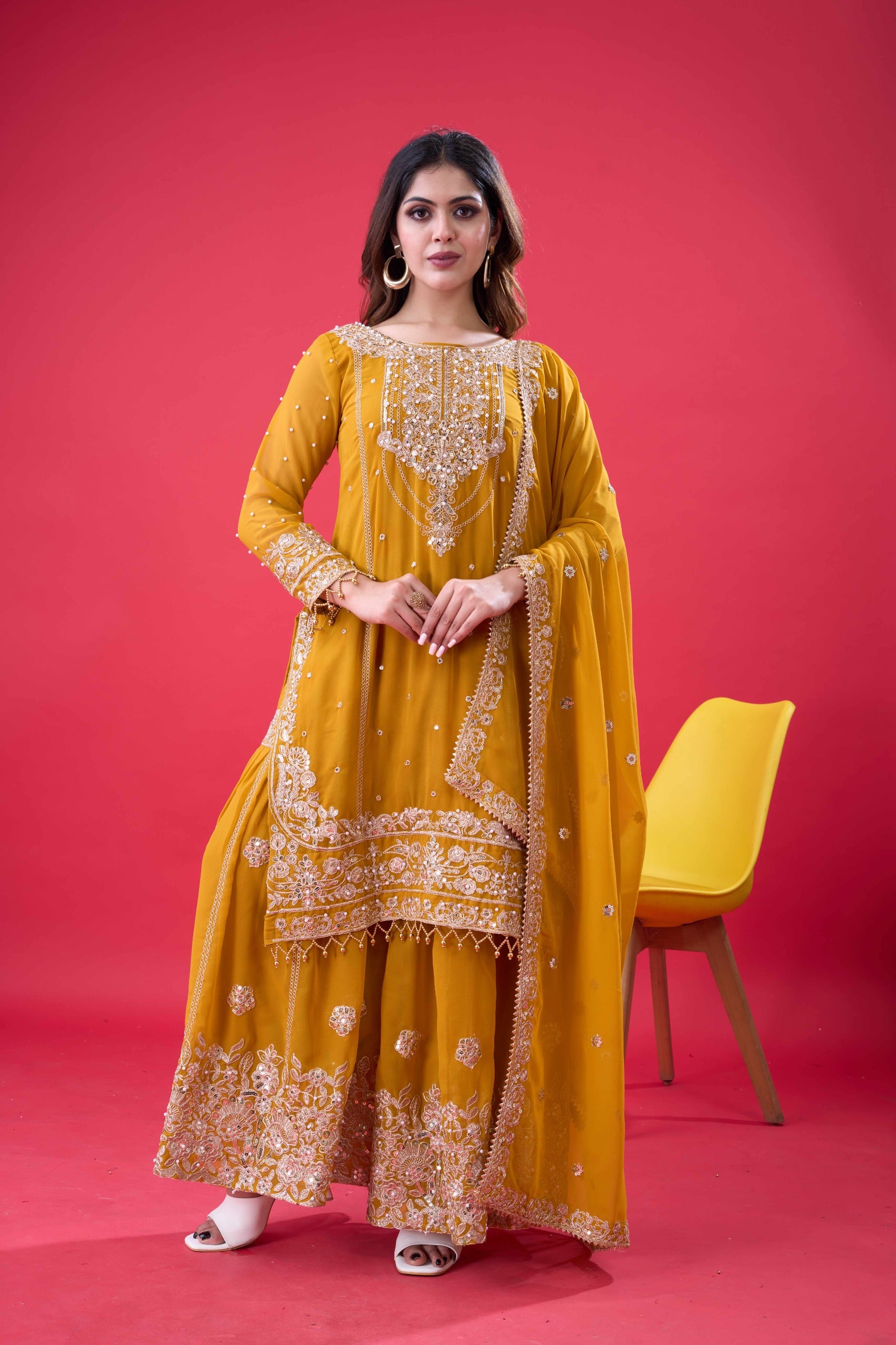 Prazu Fashion Yellow Georgette Embroidered Rivet Moti Work Palazzo Suit
