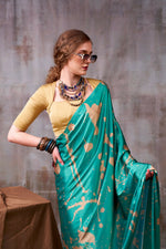 Thumbnail for Vastranavya Sea Blue Satin Silk Printed Saree with a Natural Silk Unstitched Blouse - Distacart