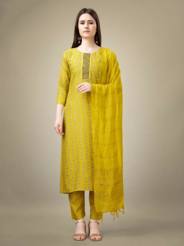 Jyoti Fashion Women's Yellow Rayon Embroidery & Sequence work Kurta with Trouser & Dupatta - Distacart