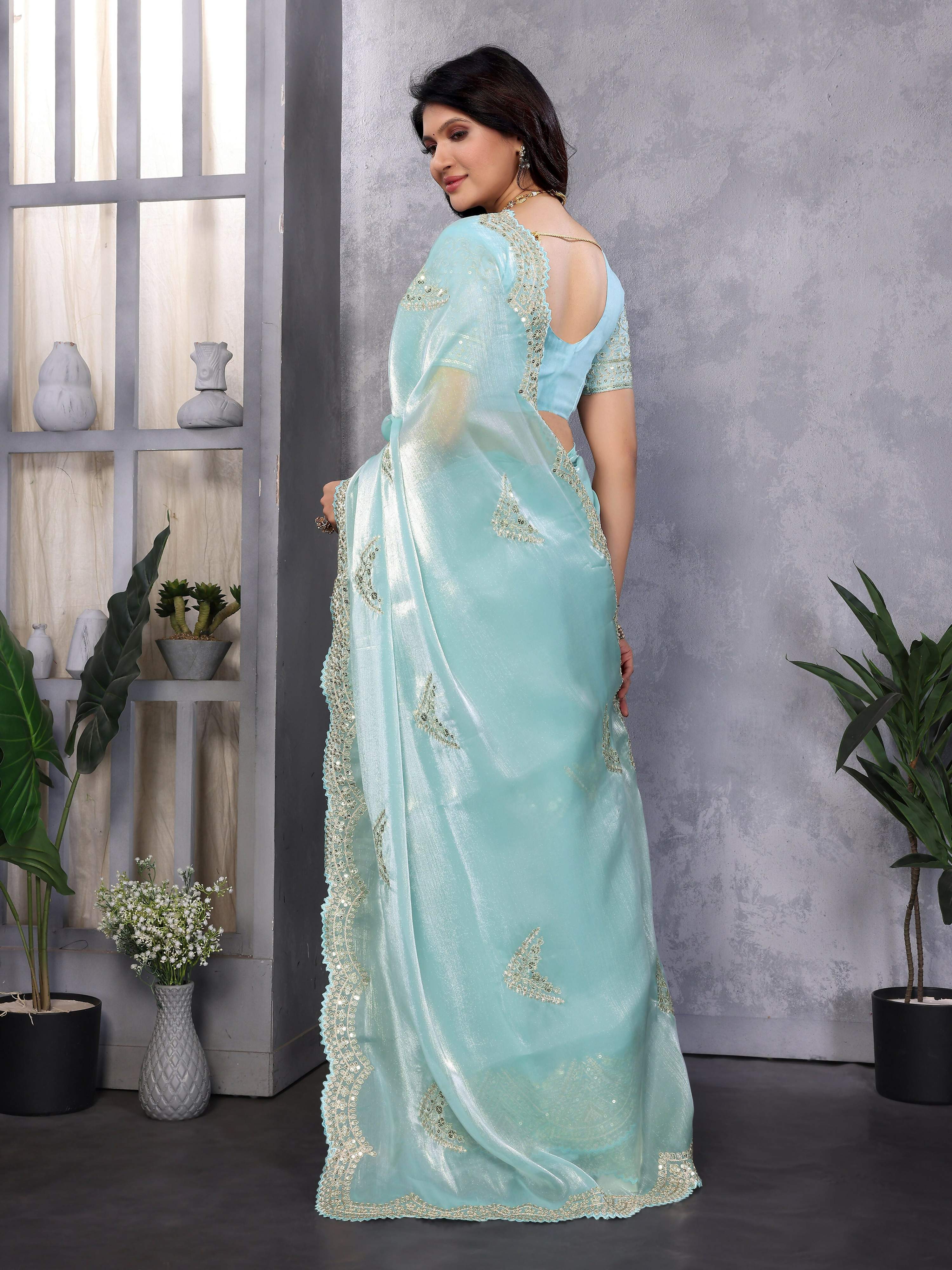 Vastranavya Sky Blue Embroidery Work Shimmer Chiffon Saree with Unstitched Blouse