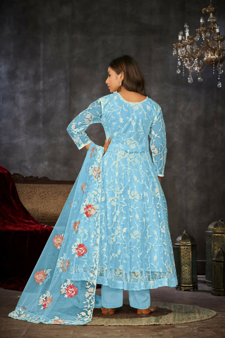 Jyoti Fashion Women's Sky Blue Net Embroidered Anarkali Kurta Pant Set With Dupatta - Distacart