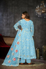 Thumbnail for Jyoti Fashion Women's Sky Blue Net Embroidered Anarkali Kurta Pant Set With Dupatta - Distacart
