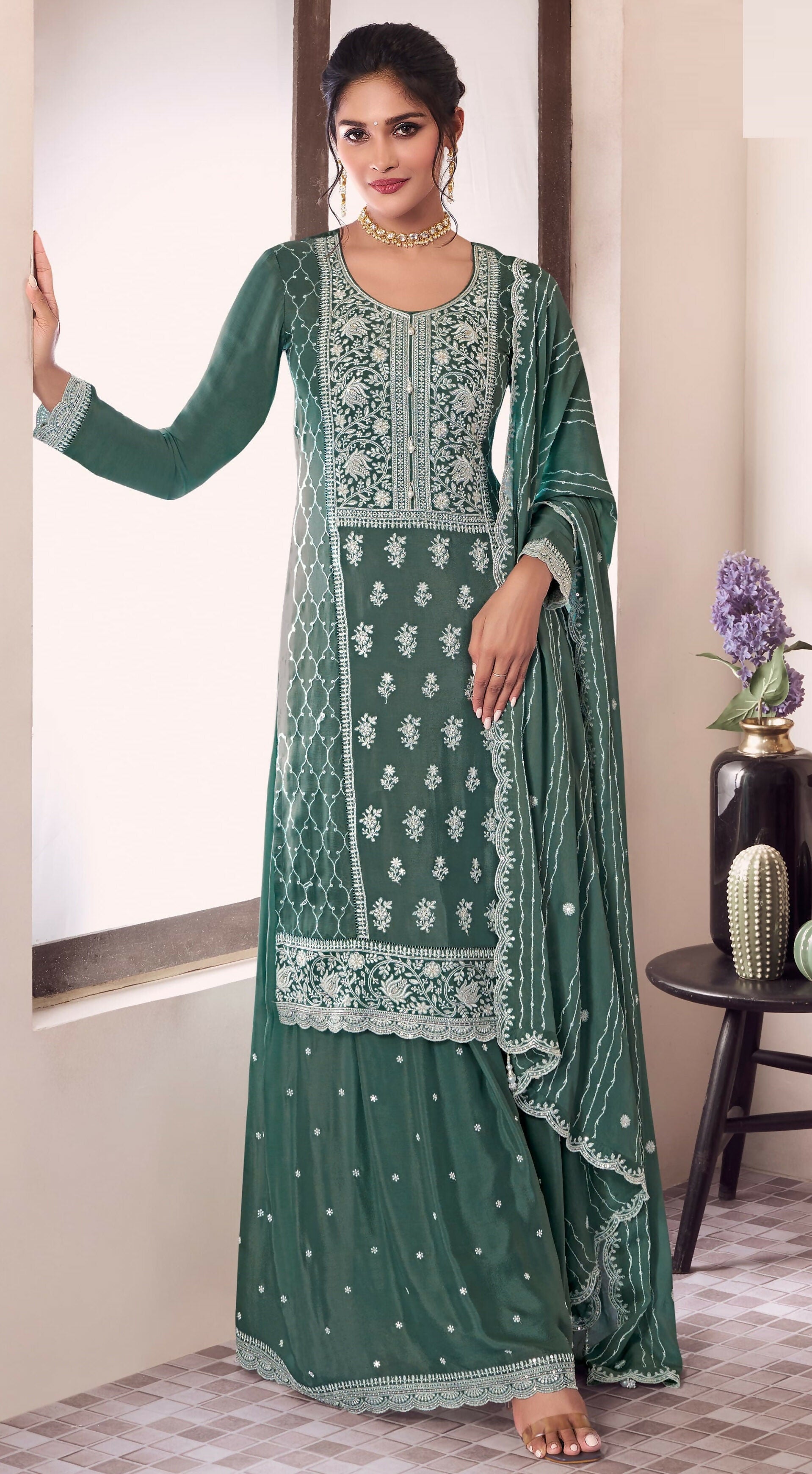 Anaita Green Embroidered Work Silk Stitched Sharara Suit