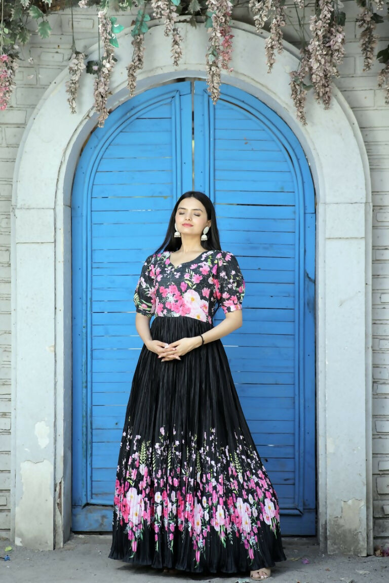 Jyoti Fashion Women's Black Floral Digital Printed Chinon Anarkali Dress - Distacart