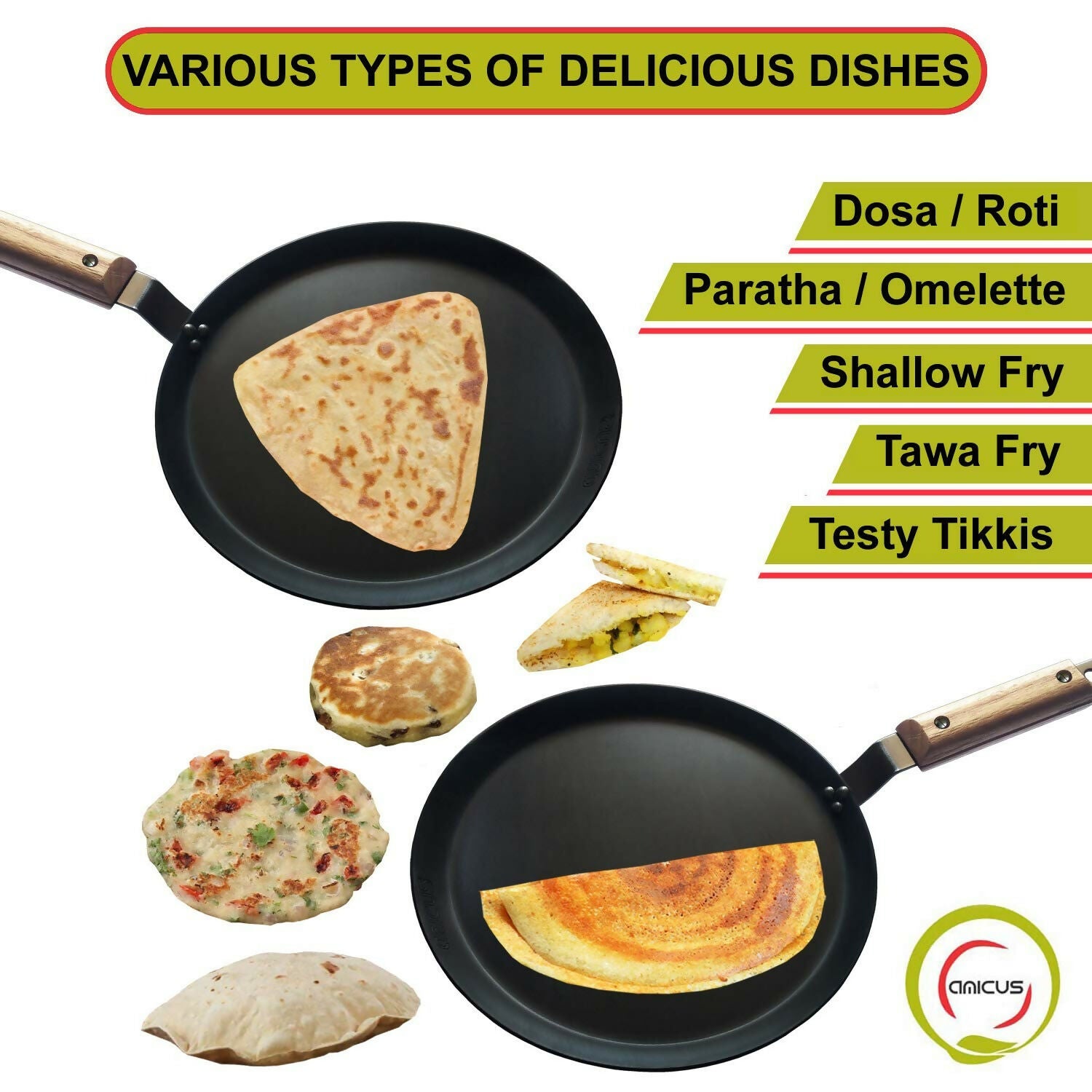 Amicus Pure Iron Tawa for Dosa Roti Chapati Paratha, Flat Iron Dosa Tava with Wooden Handle