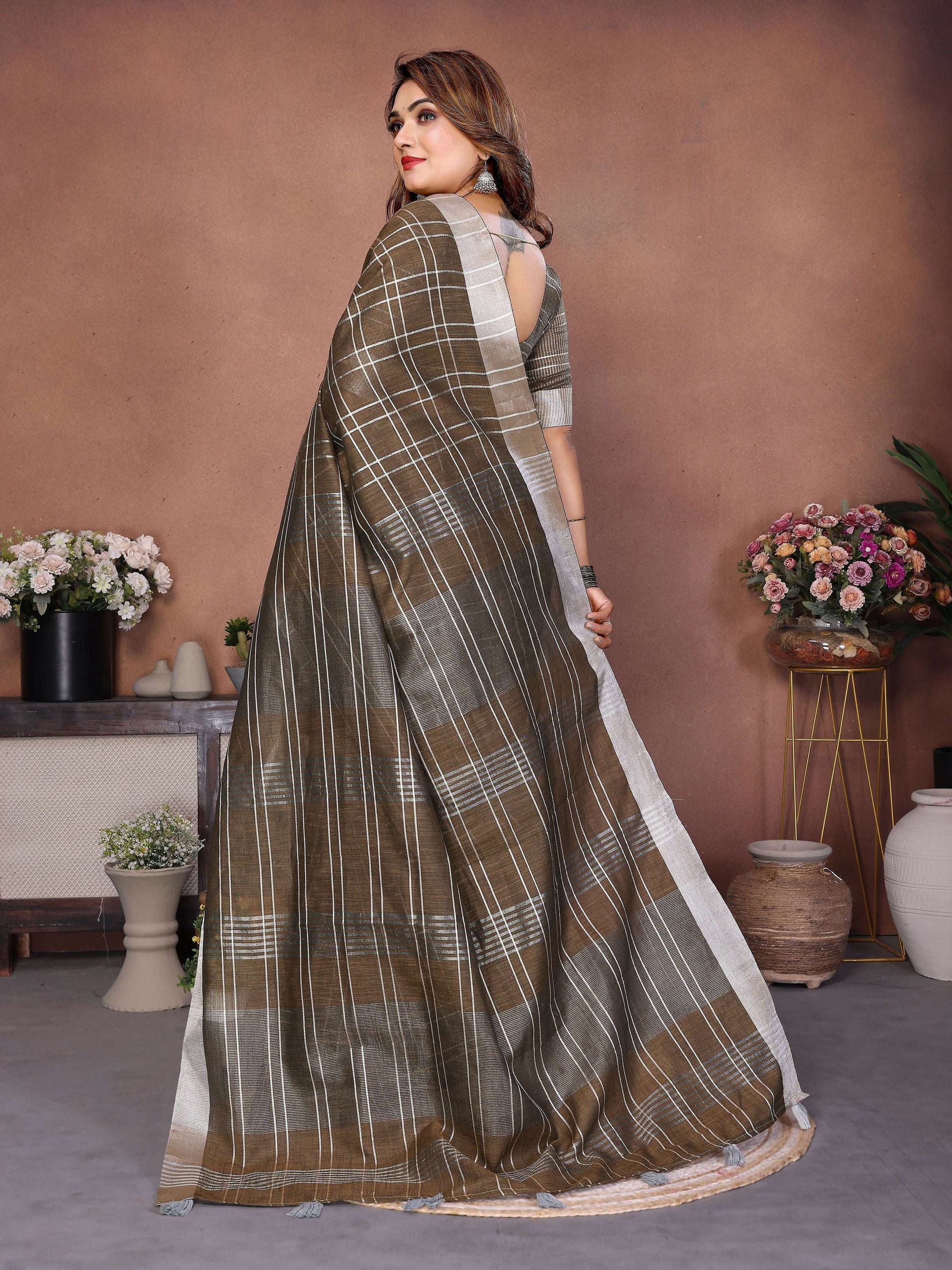 Aastha Fashion Light Brown Linen Weaving Saree - Distacart