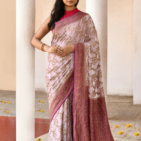 Joban Fashion Pastel Lilac Crepe Chiffon Pure Handloom Banarasi Silk Saree
