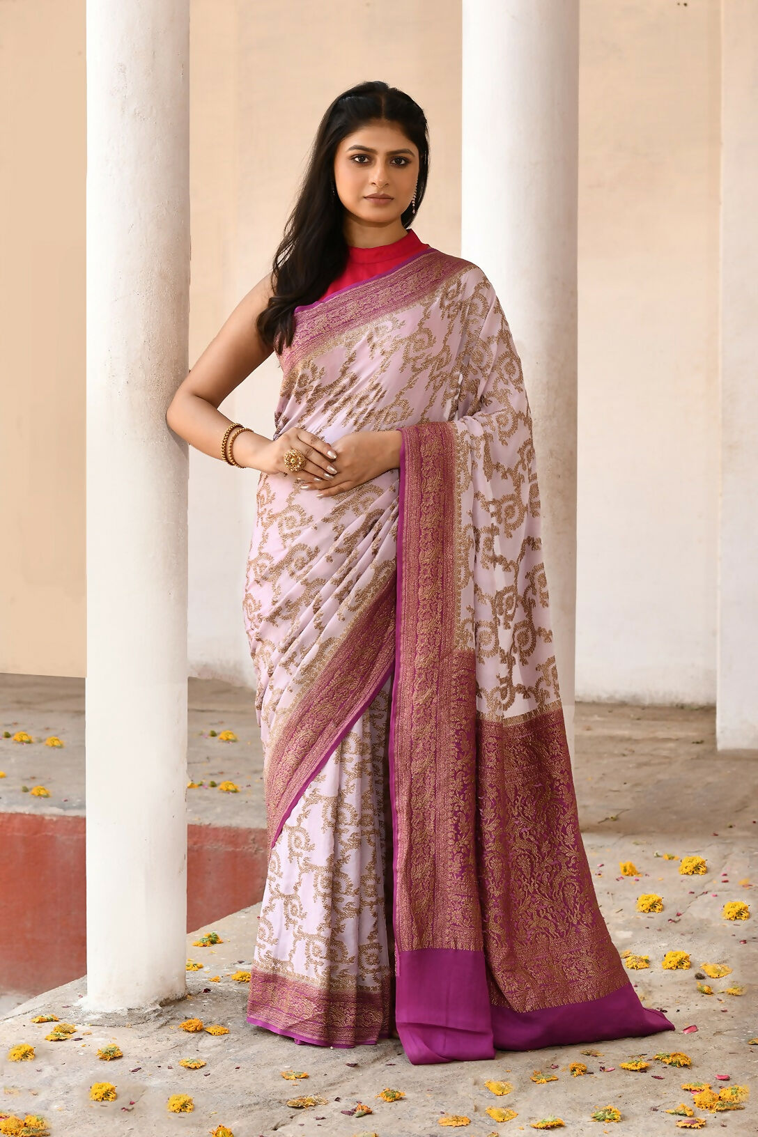 Joban Fashion Pastel Lilac Crepe Chiffon Pure Handloom Banarasi Silk Saree - Dista