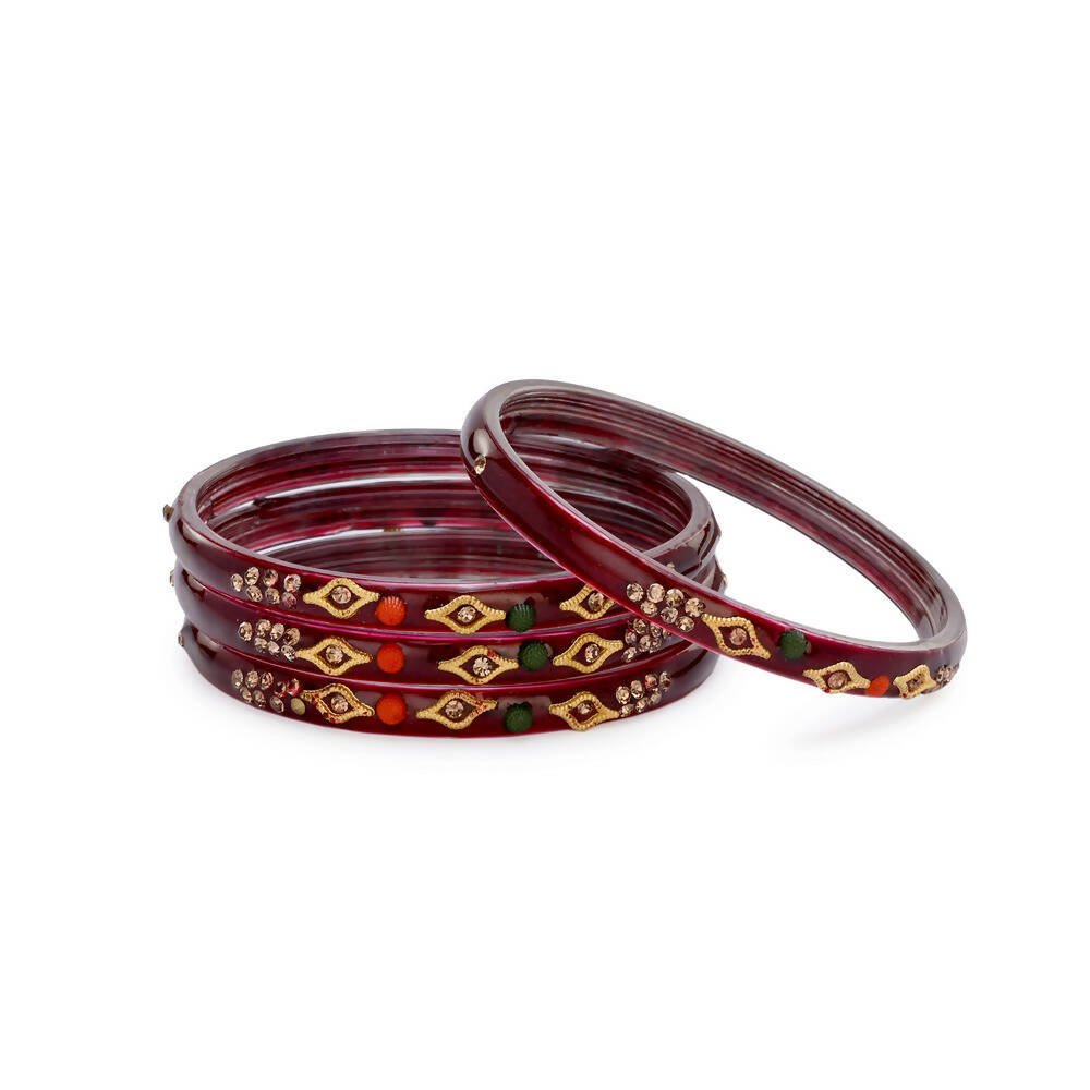 Afast Designer Fancy Party Bangle/ Kada Set, Maroon, Glass, Pack Of 4 - Distacart