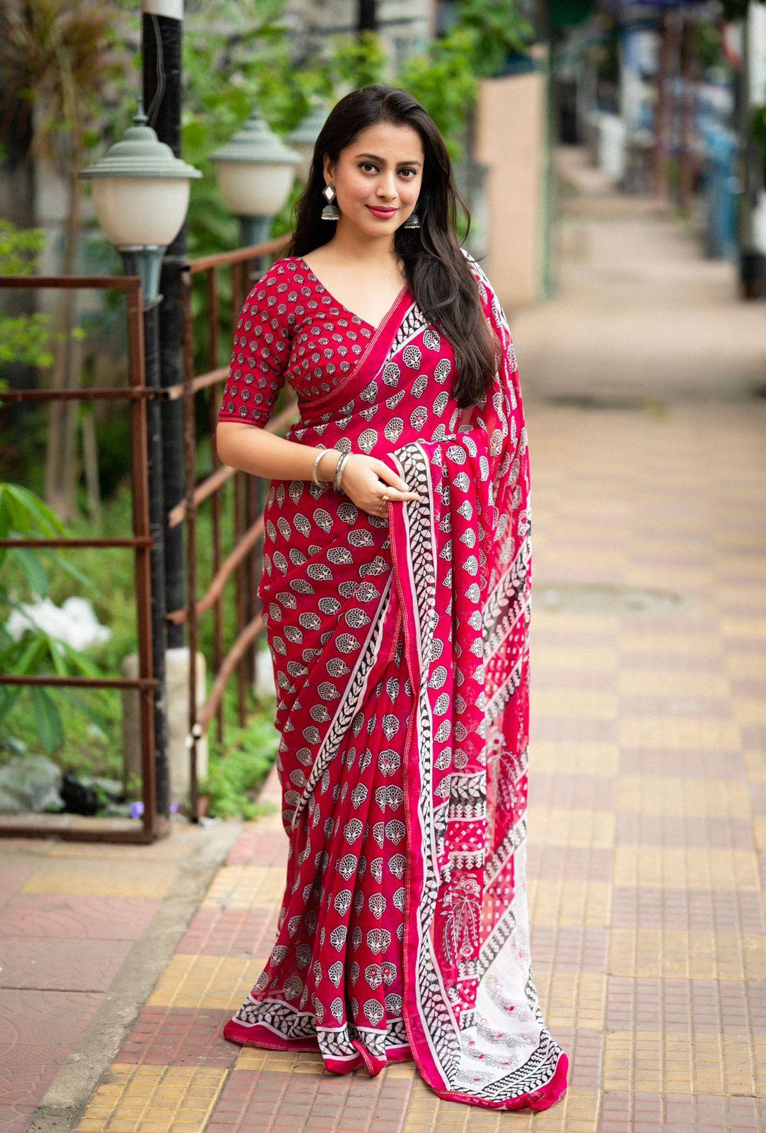 Rani Poly Georgette Ajrak Saree with Unstitched Blouse - A2M - Distacart