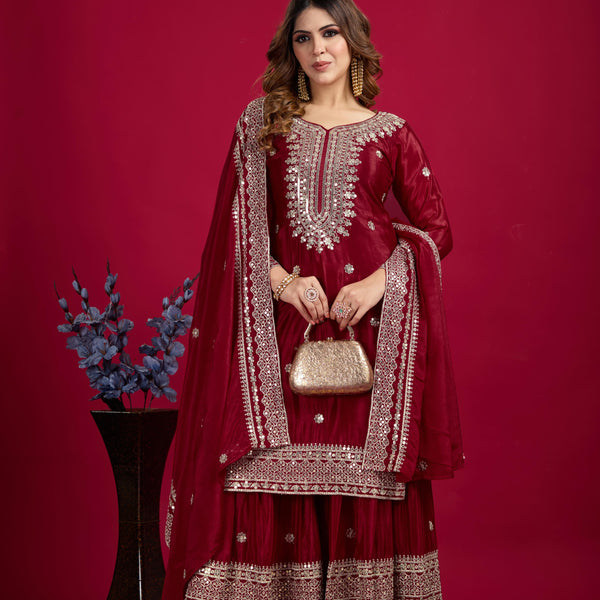 Teeya Creation Maroon Color Chinnon Silk Heavy Embroidery Work Fully Stitched Sharara Suit - Distacart