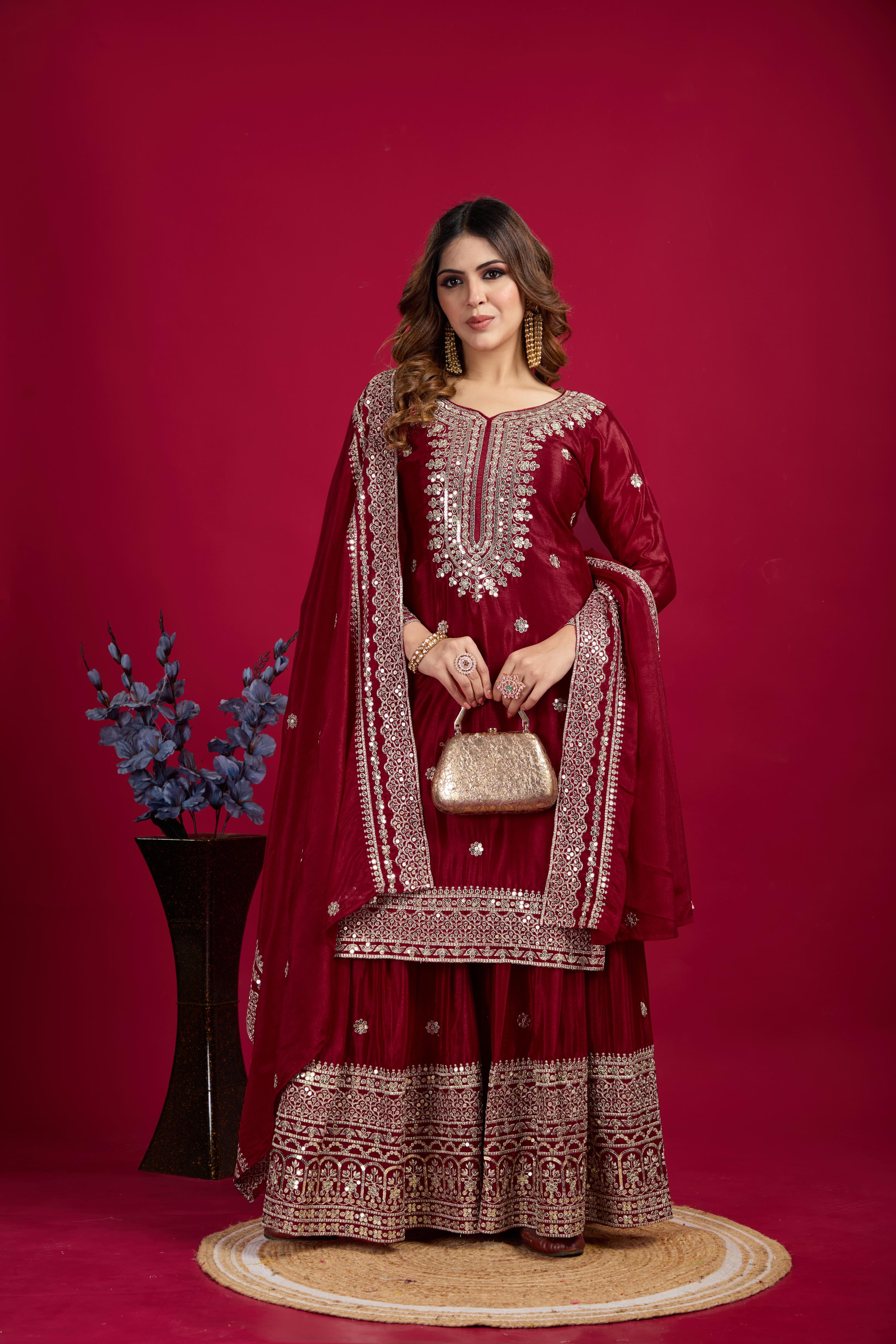 Teeya Creation Maroon Color Chinnon Silk Heavy Embroidery Work Fully Stitched Sharara Suit - Distacart