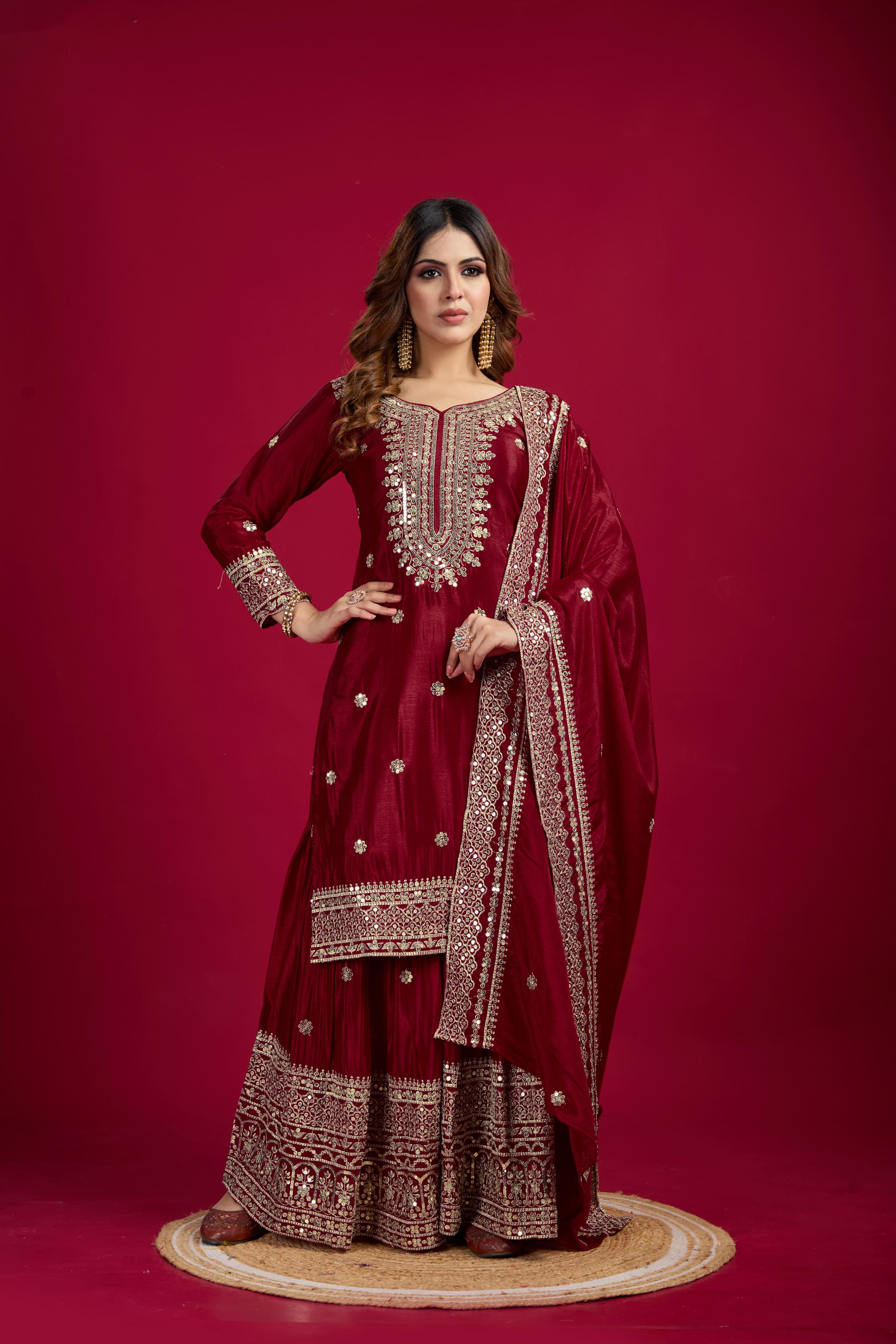 Teeya Creation Maroon Color Chinnon Silk Heavy Embroidery Work Fully Stitched Sharara Suit - Distacart