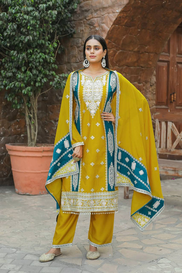 Teeya Creation Mustard Color Chinon Silk Heavy Work Fully Stitched Pakistani Salwar Suit - Distacart