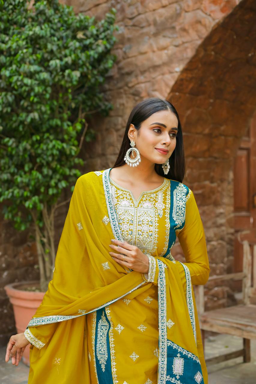 Teeya Creation Mustard Color Chinon Silk Heavy Work Fully Stitched Pakistani Salwar Suit - Distacart