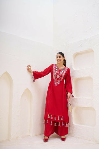 Joban Fashion red Palazzo Rayon Coding Dori with Sequence with Rivet Moti