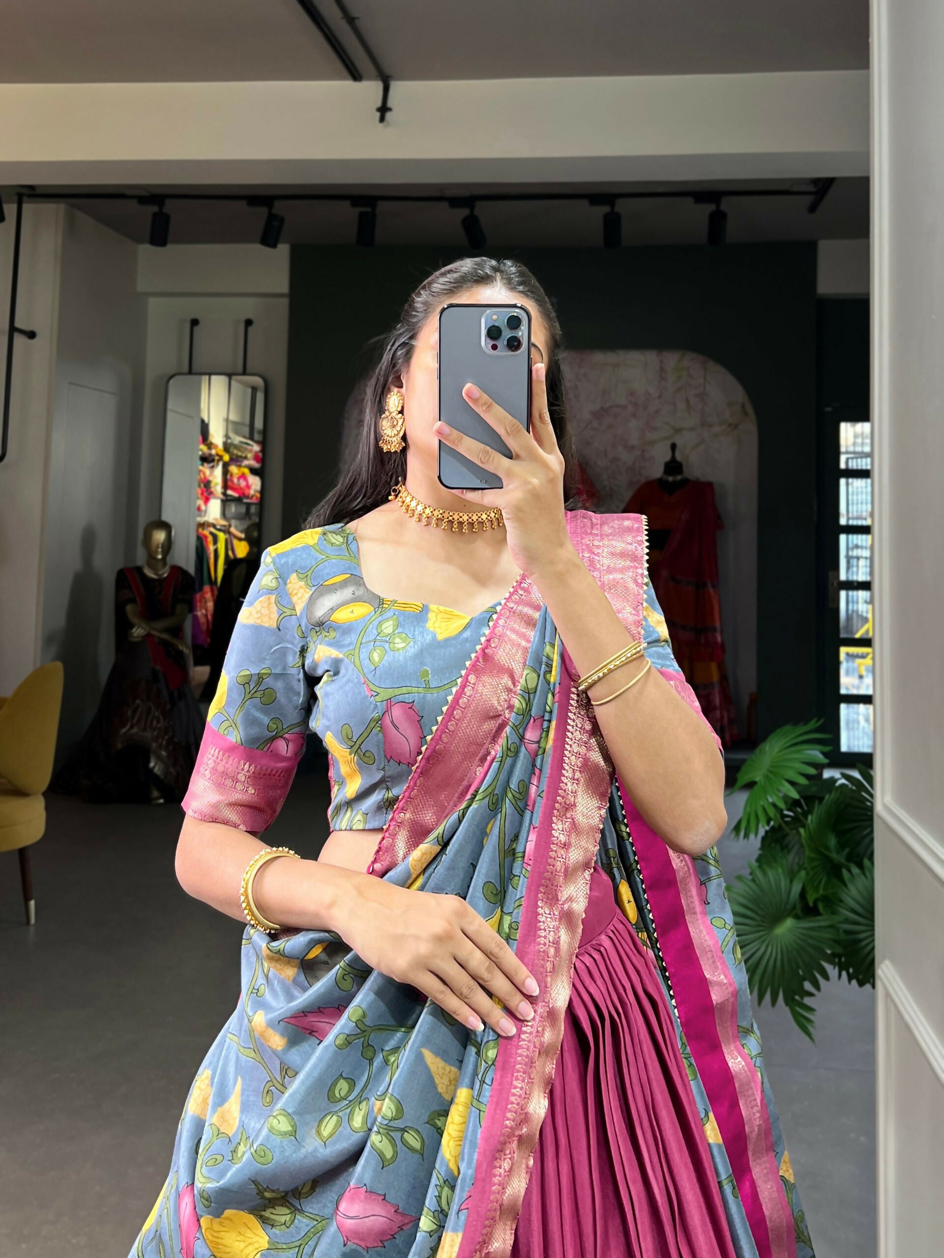 Vastranavya Kalamkari Printed Dola Silk Lehenga Choli - Pink - Distacart