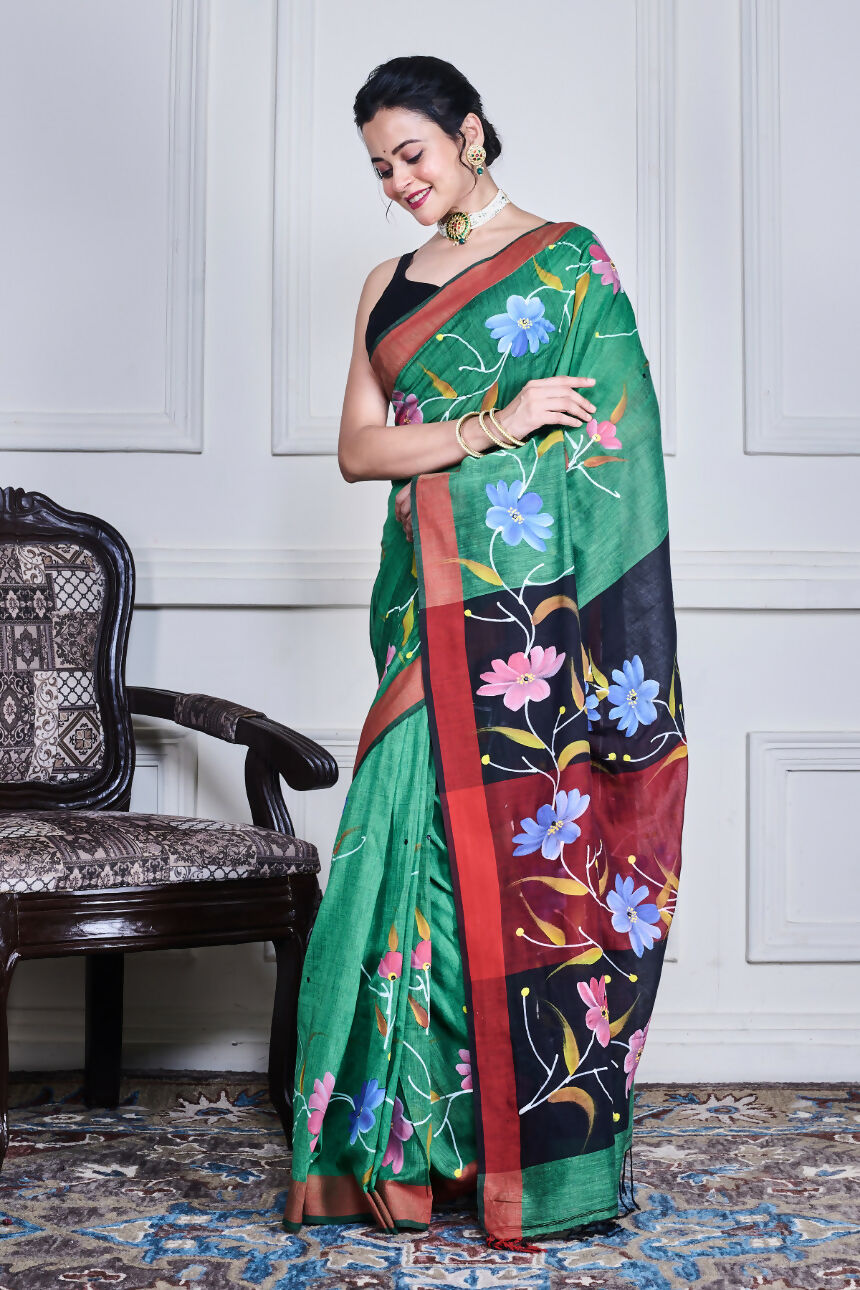 Morchari Multicolour Cotton Handloom Mirror Work Saree Unstitched Blouse - Distacart